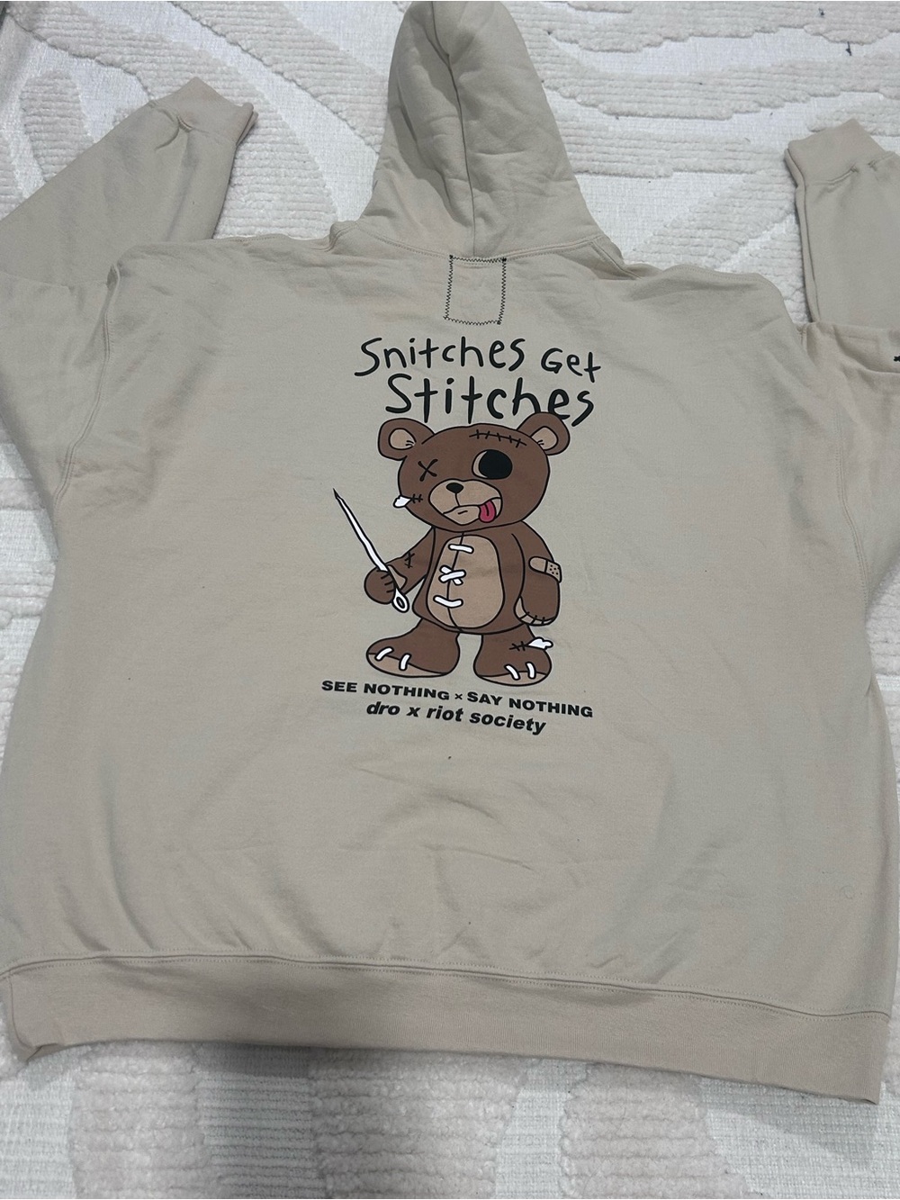 Riot Society Stitched Bear Graphic Hoodie - Beige Men’s Sweater - Picture 3 of 7